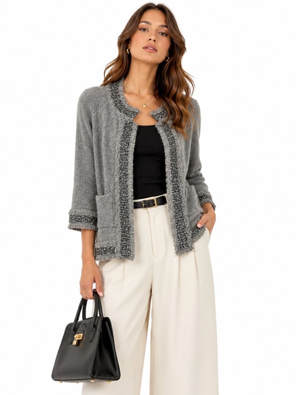 Sofia Cashmere Gray Fringe Trim Cardigan 100% Cashmere Boho Luxe Women L